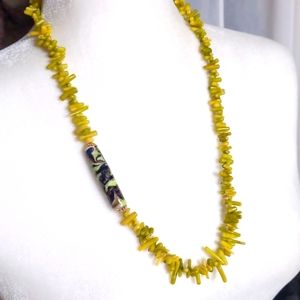 Yellow Coral Color Beaded Necklace with Art Glass Pendant